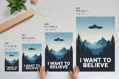 Retro plakát erdős hegyvidéki UFO-s motívummal, modern stílusban