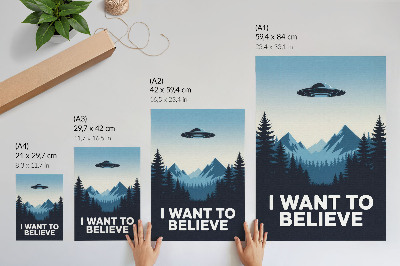 Retro plakát UFO erdő hegyek titokzatos modern stílus