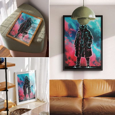 Retro plakát Egy futurisztikus alak az ég előtt, erős színekkel