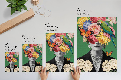 Poszter virágokkal, madarakkal, lepkékkel és elegáns szürreális alakokkal díszített mintával