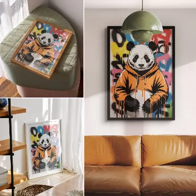 Retro plakát graffitis panda mintával utcai stílusban
