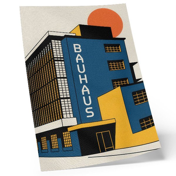 Retro plakát Sötétkék Bauhaus épület sárga díszítéssel és modernitással
