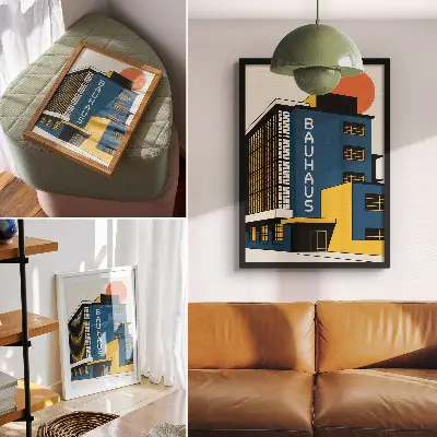 Retro plakát sötétkék Bauhaus épület sárga díszítéssel és modern stílussal
