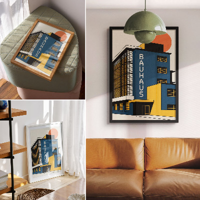 Retro plakát Sötétkék Bauhaus épület sárga díszítéssel és modernitással