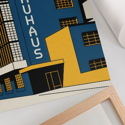 Retro plakát Sötétkék Bauhaus épület sárga díszítéssel és modernitással