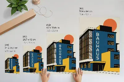 Retro plakát sötétkék Bauhaus épület sárga díszítéssel és modern stílussal