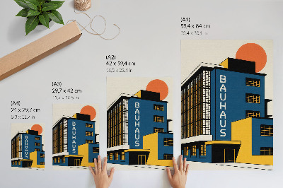 Retro plakát Sötétkék Bauhaus épület sárga díszítéssel és modernitással