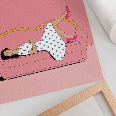Poszter nyomtatás Békés relaxációs jelenet nő rózsaszín kanapé