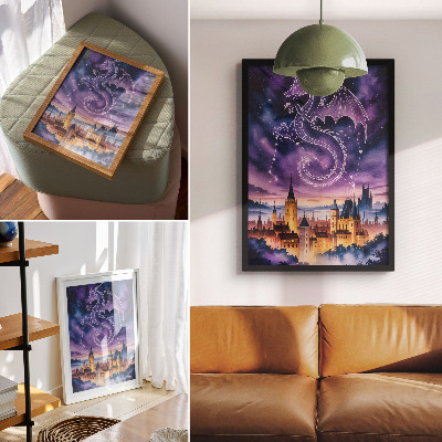 Retro plakát Fantasy világ sárkány vár ég csillagok hely