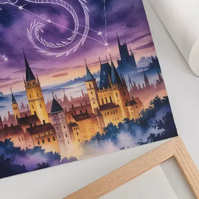 Retro plakát fantasy világ sárkány vár és csillagos égbolt mintával
