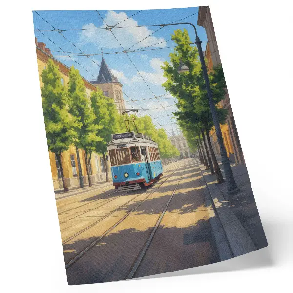 Retro plakát napos utcai villamos zöld és kék színben