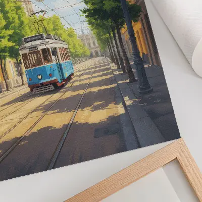 Retro plakát napos utcai villamos zöld és kék színben