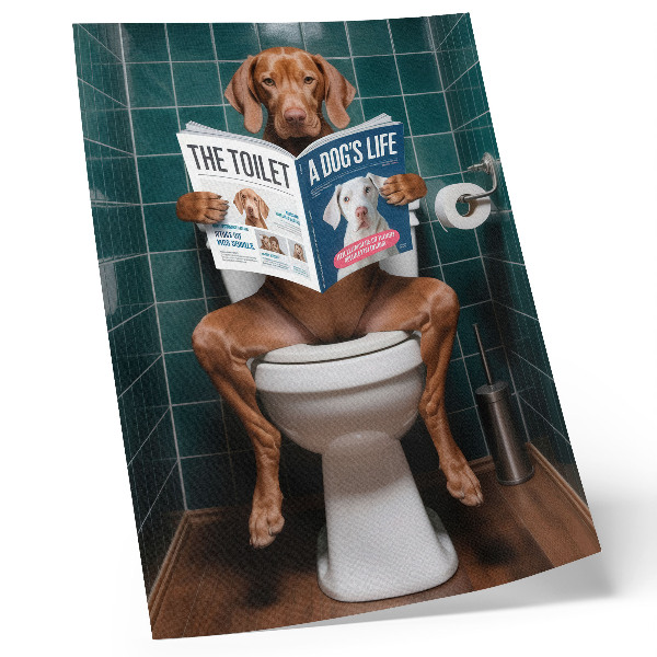 Retro plakát Kutya a WC-n zöld csempézett magazinnal