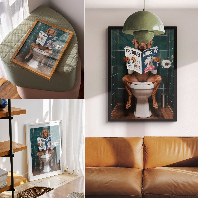 Retro plakát Kutya a WC-n zöld csempézett magazinnal