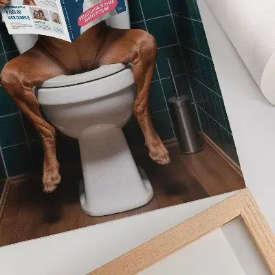 Retro plakát kutya a WC-n zöld csempével és magazinnal