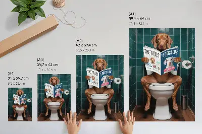 Retro plakát kutya a WC-n zöld csempével és magazinnal