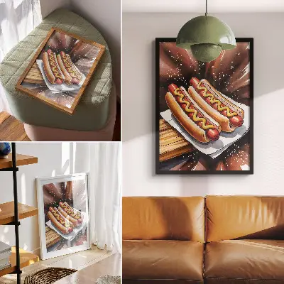 Retro plakát ínycsiklandó hot dogok modern stílusban