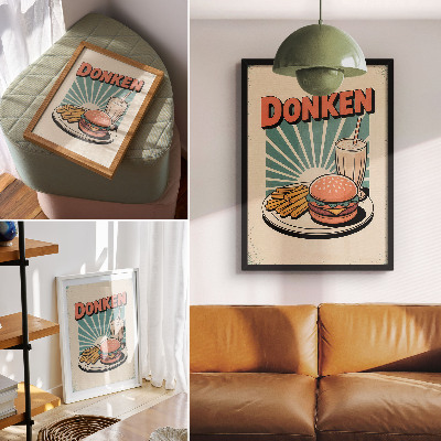 Poszter nyomtatás Burger és sült krumpli retro háttérrel