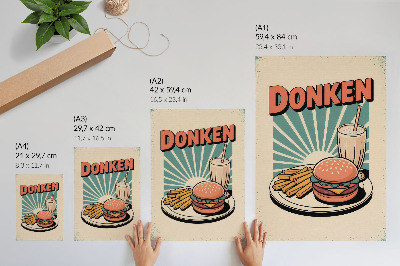 Poszter nyomtatás Burger és sült krumpli retro háttérrel
