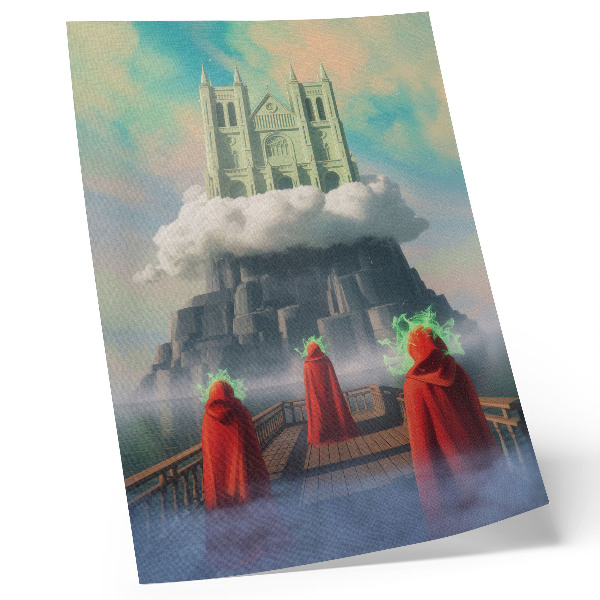 Retro plakát Felhőkben lévő vár, kabátos figurák, szürrealizmus