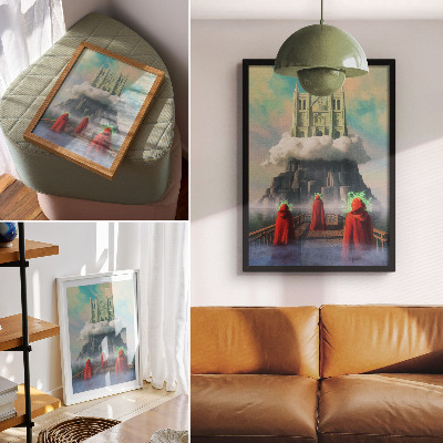 Retro plakát Felhőkben lévő vár, kabátos figurák, szürrealizmus