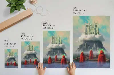 Retro plakát felhőkben lévő vár és kabátos figurák szürrealista ábrázolása