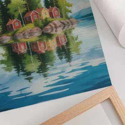 Retro plakát festői sziget házakkal fákkal és nyugodt vízzel