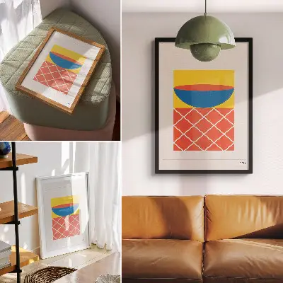 Retro plakát sárga, kék és piros geometrikus kompozícióval