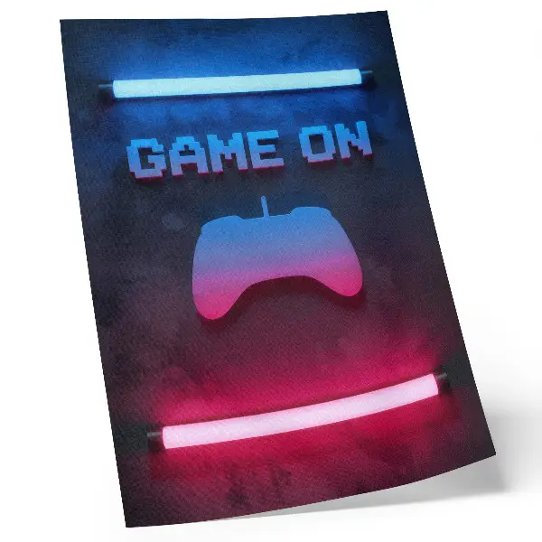 Retro poszter neon pixel feliratú játékpad dinamikus mintával