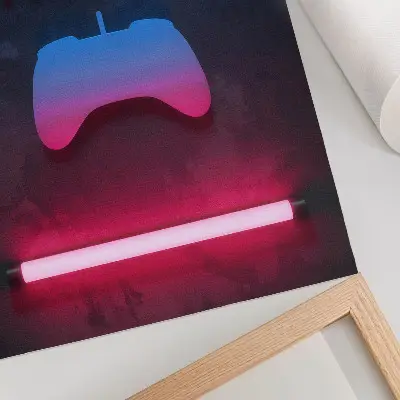 Retro poszter neon pixel feliratú játékpad dinamikus mintával