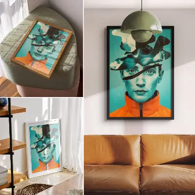 Poszter nyomtatás kontrasztos színekkel, szürrealista stílusban és dinamikus formákkal