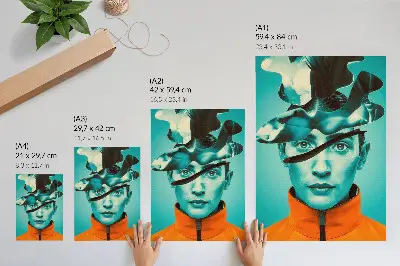 Poszter nyomtatás kontrasztos színekkel, szürrealista stílusban és dinamikus formákkal