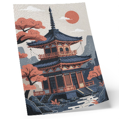 Poszter nyomtatás Pasztellszínű japán templom, fák, hegyek, béke