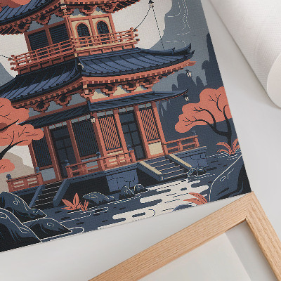 Poszter nyomtatás Pasztellszínű japán templom, fák, hegyek, béke