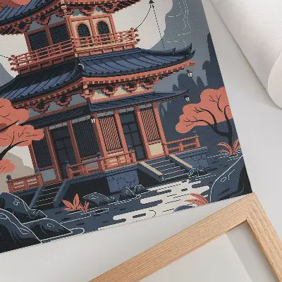 Poszter nyomtatás pasztellszínű japán templom fákkal és hegyekkel
