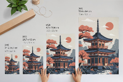 Poszter nyomtatás Pasztellszínű japán templom, fák, hegyek, béke