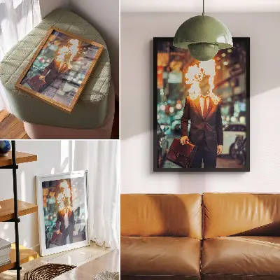 Retro plakát elegáns férfi a lángoló városban