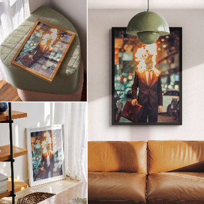 Retro plakát Elegáns férfi fejjel a tűzben a városban