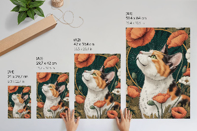 Poszter nyomtatás Macska a pipacsok között, illusztrációs stílus, természet