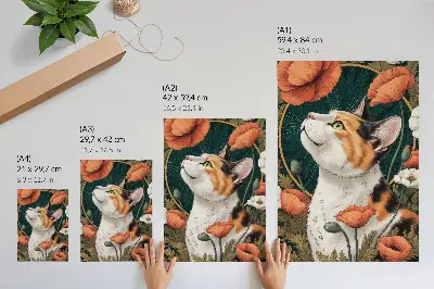 Poszter nyomtatás macska a pipacsok között illusztrációs stílusban, természeti témával