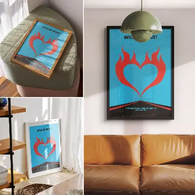 Poszter nyomtatás piros lángok szív mintával kék háttéren modern stílusban