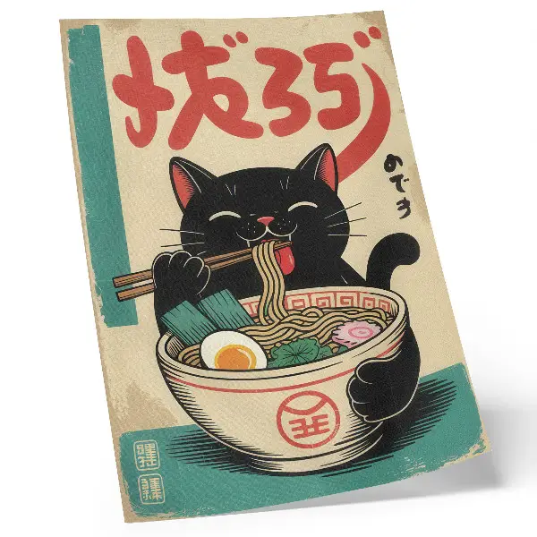 Poszter nyomtatás fekete macska ramen tál japán retró stílusban