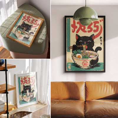 Poszter nyomtatás Fekete macska ramen tál japán retró inspirációk