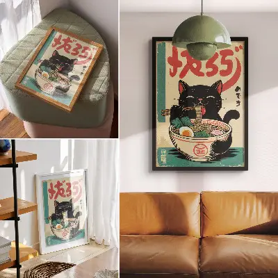 Poszter nyomtatás fekete macska ramen tál japán retró stílusban