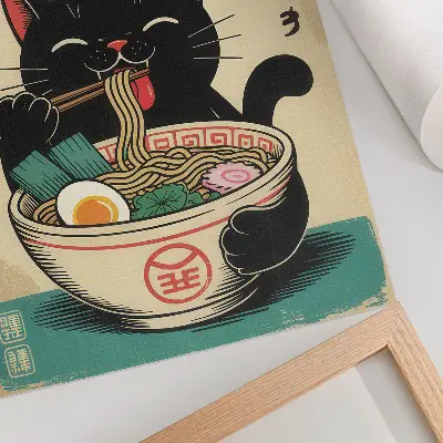 Poszter nyomtatás fekete macska ramen tál japán retró stílusban