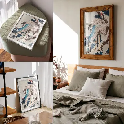 Daruk egy hófödte fán plakát Hokusai Katsushika 1834-es fametszete alapján készült retró stílusú falikép