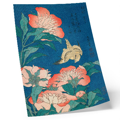 Poszter Katsushiki Hokusai (1834) pünkösdi rózsák és egy kanári – vintage fametszet