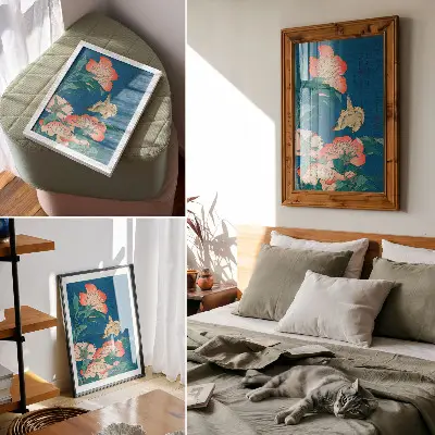 Poszter Katsushiki Hokusai 1834-es Pünkösdi rózsák és egy kanári című vintage fametszete