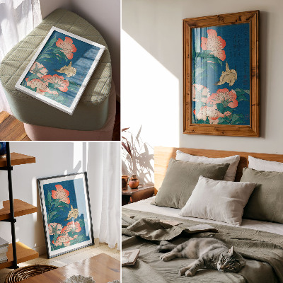 Poszter Katsushiki Hokusai (1834) pünkösdi rózsák és egy kanári – vintage fametszet