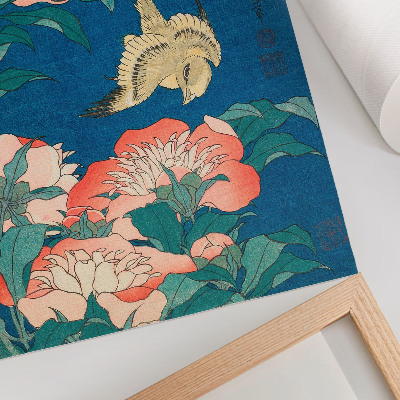 Poszter Katsushiki Hokusai (1834) pünkösdi rózsák és egy kanári – vintage fametszet